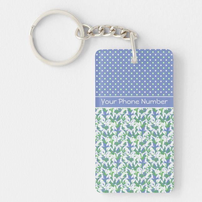 Chic Pattern of Snowdrops and Polka Dots on Blue Key Ring (Front)