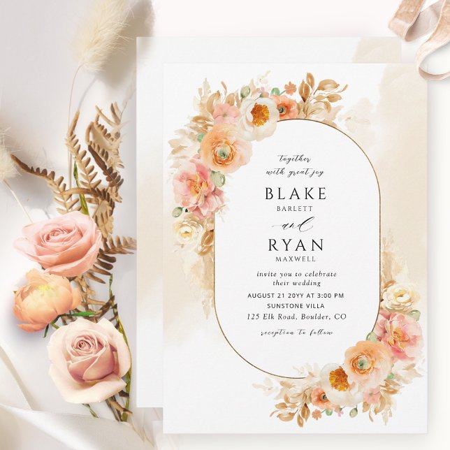 Chic Peach Blush Cream and Champagne Oval Wedding Invitation (Creator Uploaded)