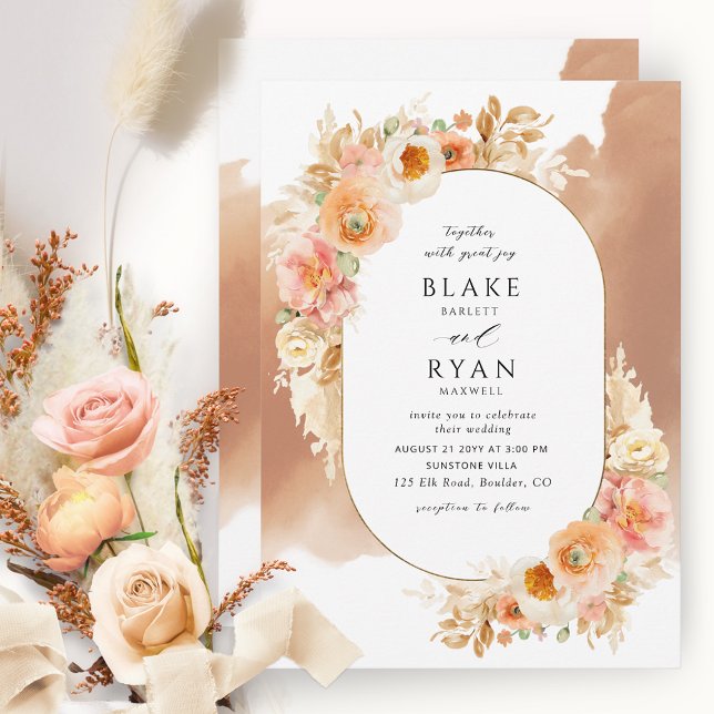 Chic Peach Blush Cream and Terracotta Oval Wedding Invitation (Creator Uploaded)