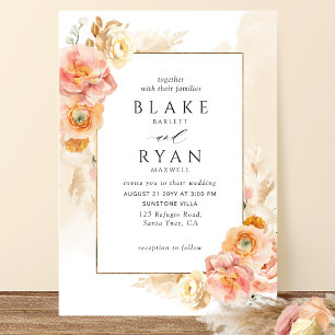 Chic Peach Blush Floral, Cream Watercolor Wedding Invitation