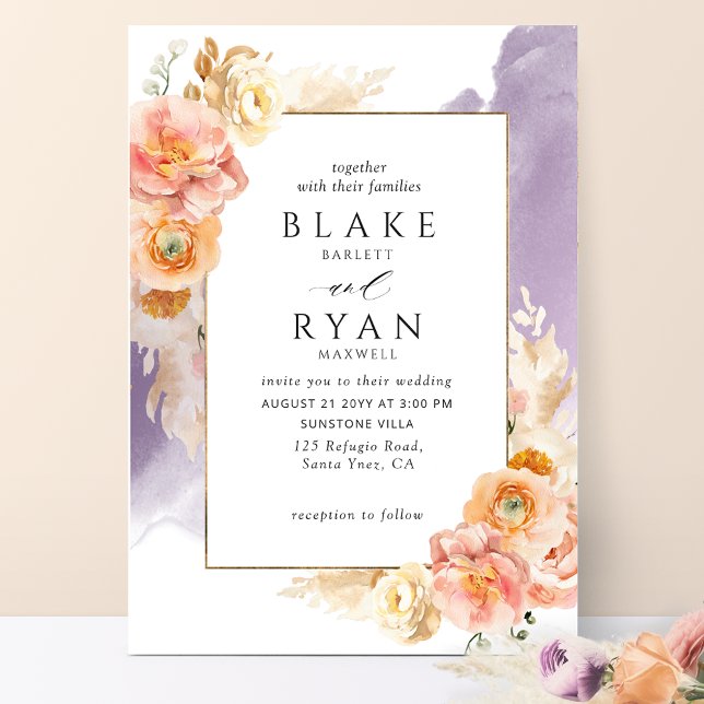 Chic Peach Blush Floral, Purple Watercolor Wedding Invitation (Creator Uploaded)