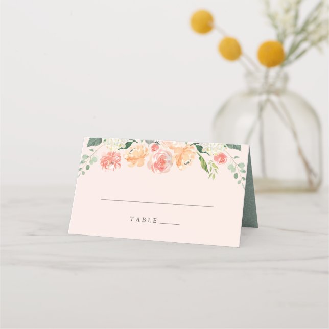 Chic Peach Blush Spring Floral Wedding Place Card (Front)