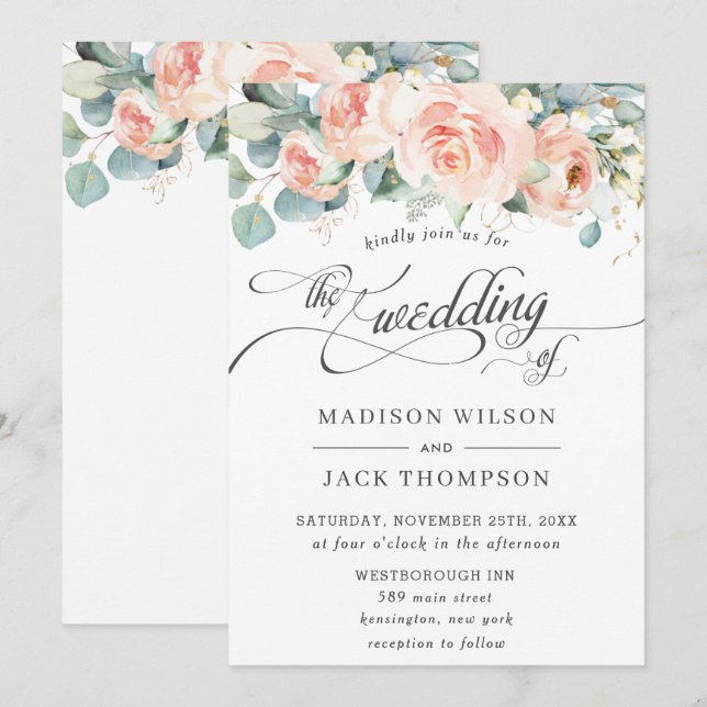 Chic Peach Floral Calligraphy Greenery Wedding Invitation (Front/Back)