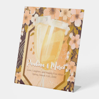 Chic Peach Floral Champagne Bridal Shower Party Pedestal Sign