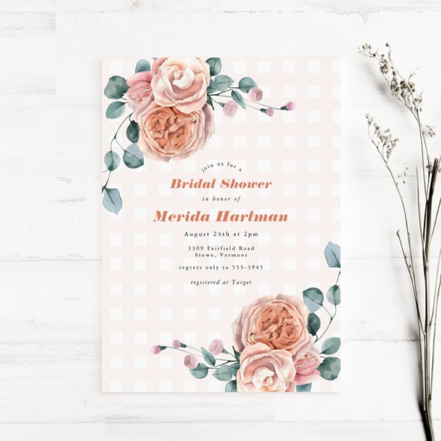 Chic Peach Floral Eucalyptus Picnic Bridal Shower Invitation (Creator Uploaded)