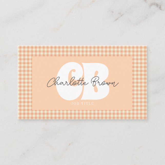 Chic Peach Gingham Groovy Business Card (Front)