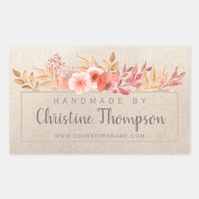 Chic Peach Golden Floral Handmade By Rectangular Sticker (Front)