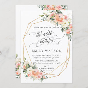 Chic Peach Ivory Pink Floral Birthday Geometric Invitation