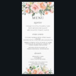 Chic Peach Ivory Pink Floral Wedding Menu<br><div class="desc">Designed to co-ordinate with our Luxe wedding collection, this elegant wedding menu features a beautiful watercolor peach, pink, ivory white roses, hydrangeas, stocks and greenery arrangement. Personalize it with your wedding details easily and quickly, simply press the customise it button to further re-arrange and format the style and placement of...</div>