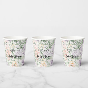 Chic Peach Lilac Lavender Floral Baby Shower Paper Cups