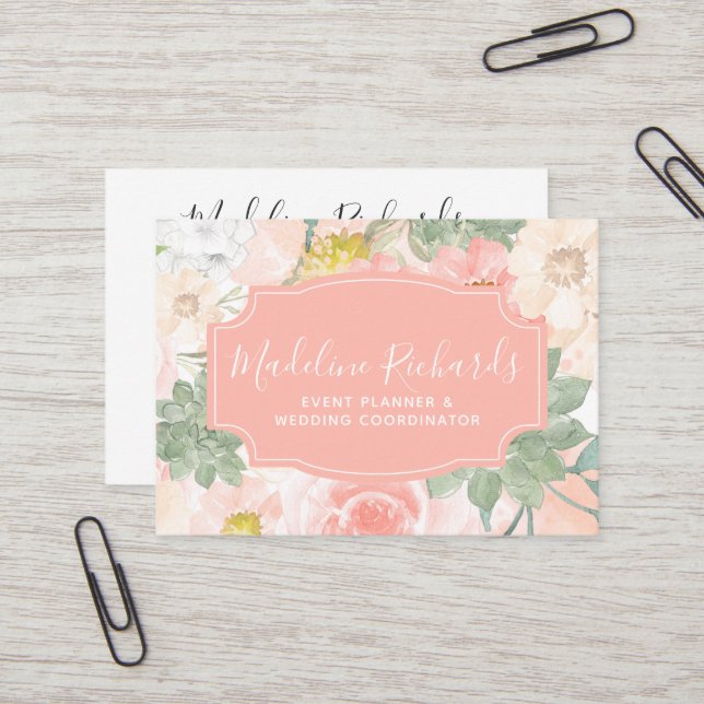 Chic Peach Mint Succulents with Social Media Icons Business Card (Front/Back In Situ)
