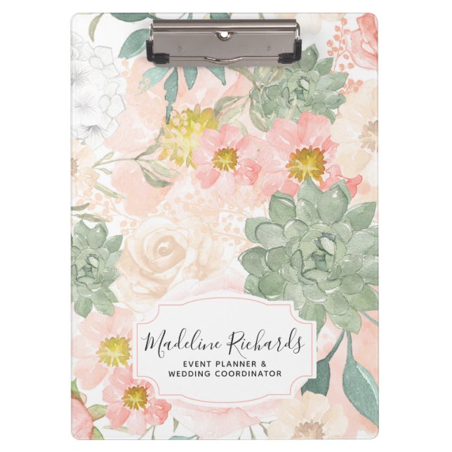 Chic Peach & Mint Watercolor Floral & Succulents Clipboard (Front)