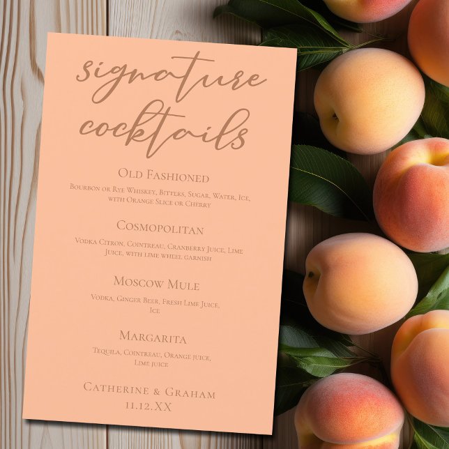 Chic Peach Summer Wedding Signature Cocktails Menu (Creator Uploaded)