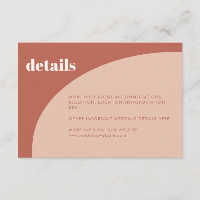 Chic peach terracotta arch wedding details card (Front)