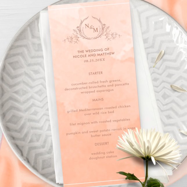 Chic Peach Watercolor, Monogram Wedding Menu (Creator Uploaded)