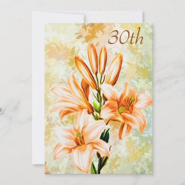 Chic Peach & White Lilies 30th Birthday Invitation (Front)