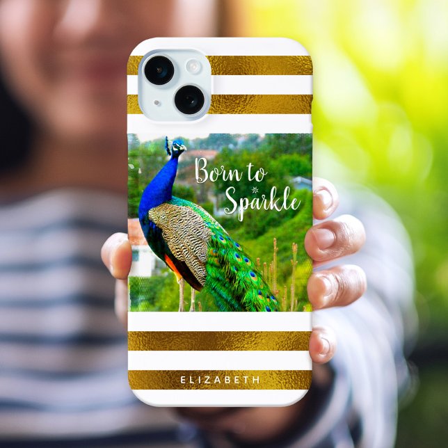 Chic Peacock Born to Sparkle Gold White Stripes Case-Mate iPhone Case (Creator Uploaded)