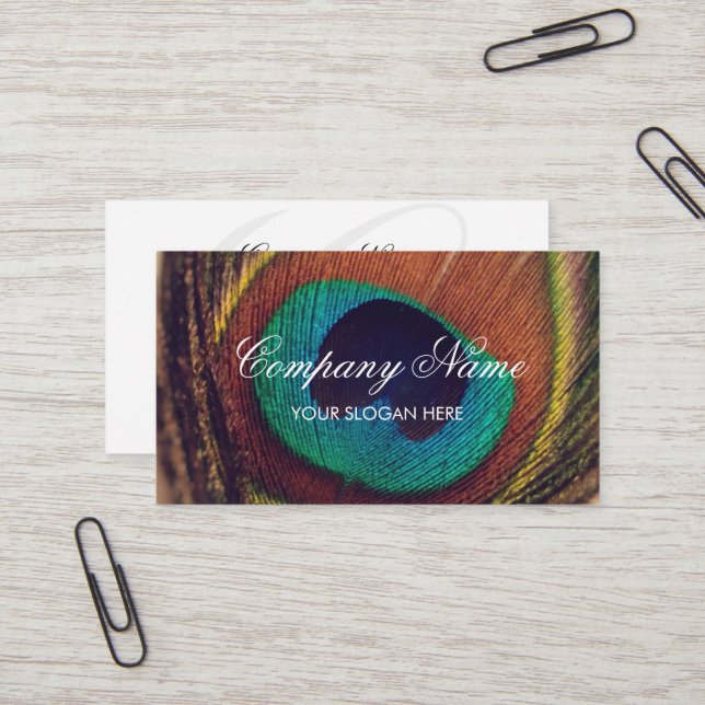 Chic peacock feather photo business card template (Front/Back In Situ)