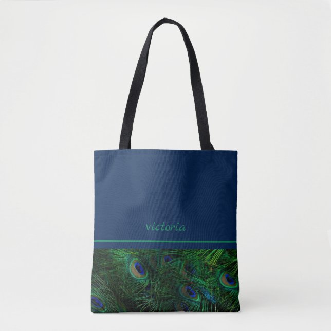 Chic Peacock Feathers Monogrammed Tote Bag (Front)