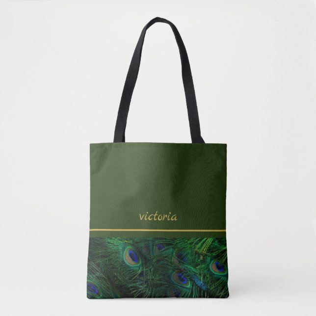 Chic Peacock Feathers Monogrammed Tote Bag (Front)