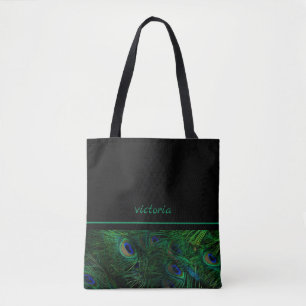 Chic Peacock Feathers Monogrammed Tote Bag