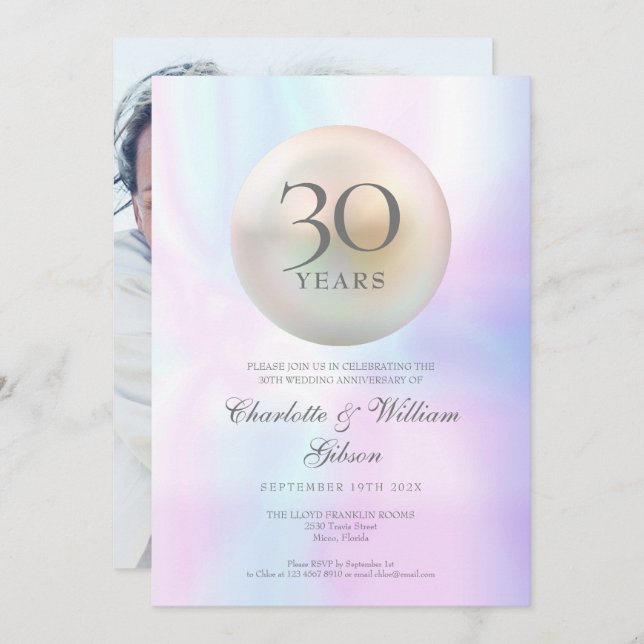 Chic Pearl Photo 30th Anniversary Invitation (Front/Back)