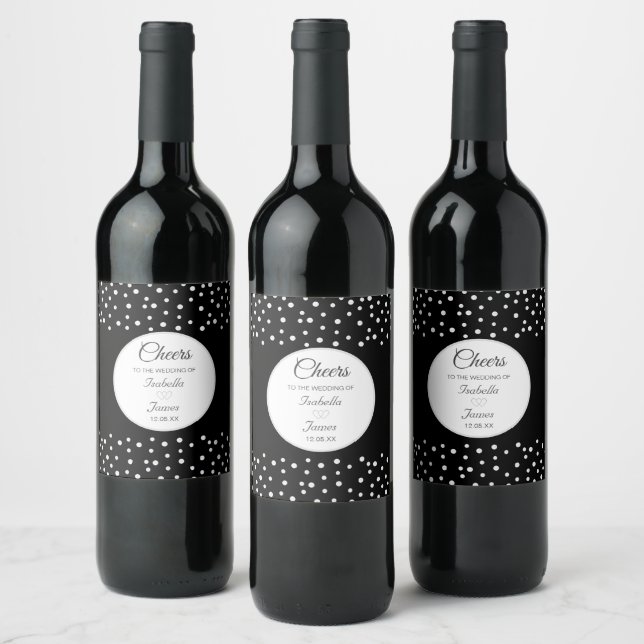 Chic Pearls on Black & White Wedding Wine Label (Bottles)
