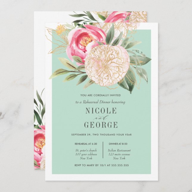 Chic Peony Gold  Flower Wedding  Rehearsal Dinner Invitation (Front/Back)