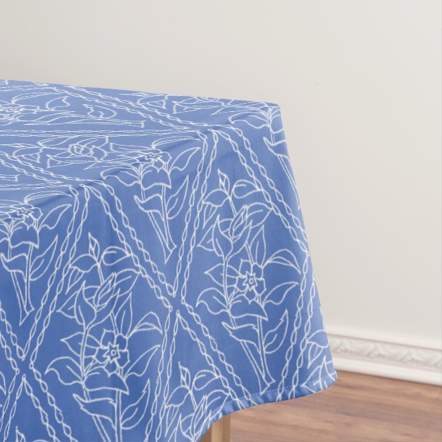 Chic Periwinkle Blue Floral Diamond Pattern Tablecloth (In Situ)