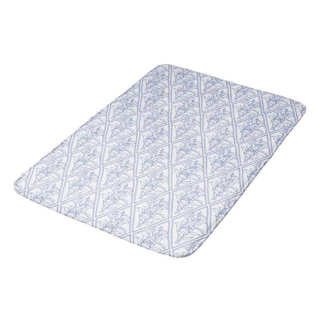 Chic Periwinkle Blue White Floral Diamond Pattern Bath Mat (Angled)