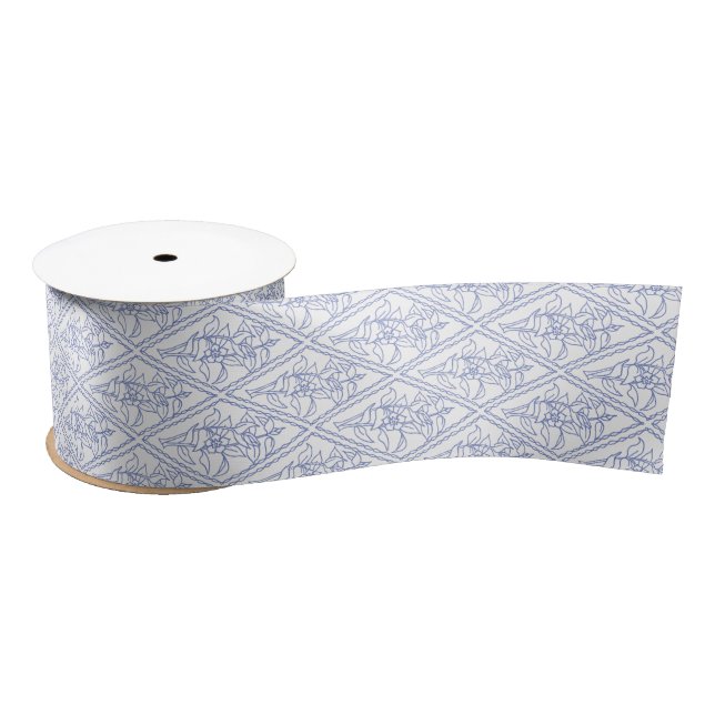 Chic Periwinkle Blue White Floral Diamond Pattern Satin Ribbon (Spool)