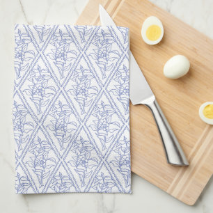 Chic Periwinkle Blue White Floral Diamond Pattern Tea Towel