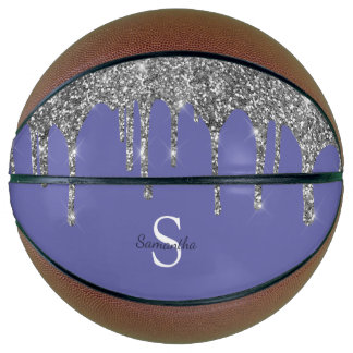 Chic Periwinkle Silver Glitter Drips Monogram Name Basketball