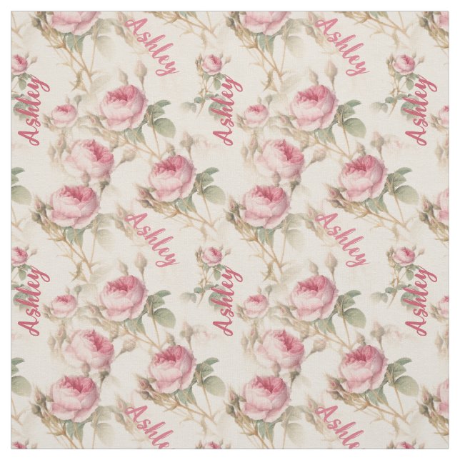 Chic Personalised Coral Rose Print with Name Fabric (Swatch)