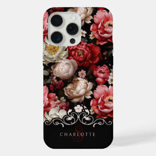 Chic Personalised Dark Peony Floral-Black Label iPhone 15 Pro Max Case