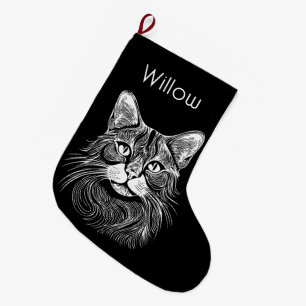 Chic personalised Hand drawn black&white cat bed Large Christmas Stocking