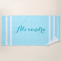 Chic Personalised Light Blue Striped Beach Towel