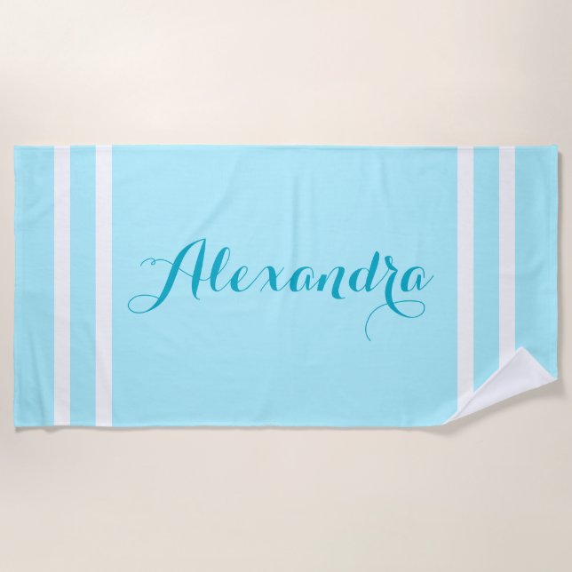 Chic Personalised Light Blue Striped Beach Towel (Front)