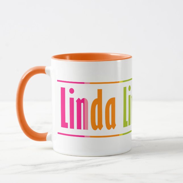Chic Personalised "Linda" Name Colourful Stripes Mug (Left)