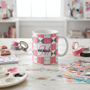 Chic Personalised Monogram Modern Pink Patchwork Coffee Mug