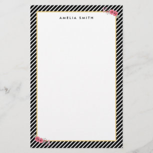 Chic Personalised Name Black Stripes Pink Flowers Stationery