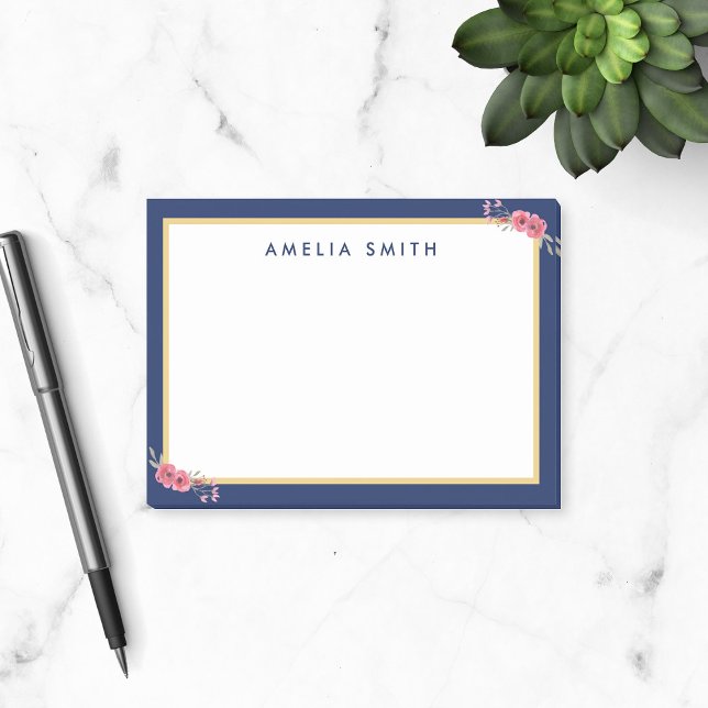 Chic Personalised Name Blue Border Pink Flowers Post-it Notes (Creator Uploaded)