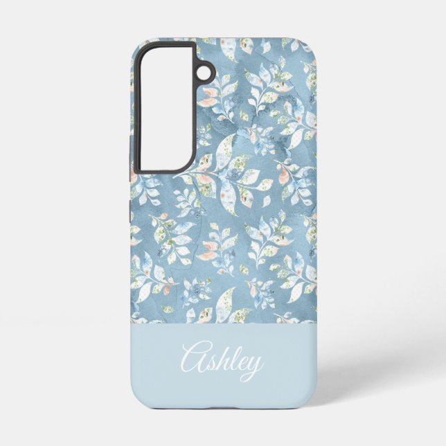 Chic Personalised Name/ Pastel Blue Leaf Motif  Samsung Galaxy S22 Case (Back)