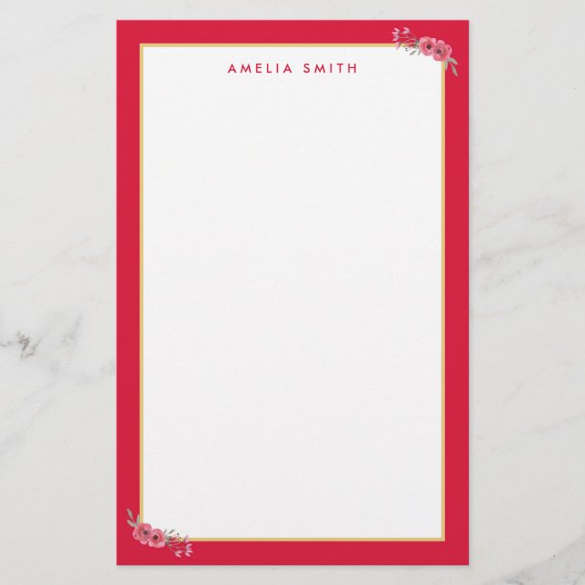 Chic Personalised Name Pink Border Pink Flowers Stationery (Front)