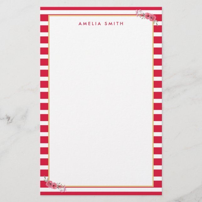 Chic Personalised Name Pink Stripes Pink Flowers Stationery (Front)