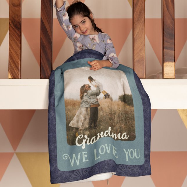 Chic Personalised Photo Text Grandma Gift Blue Fleece Blanket (Creator Uploaded)