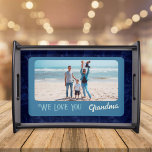 Chic Personalised Photo Text Grandma Gift Blue Serving Tray<br><div class="desc">Serve up style and personalisation with our Chic Personalised Photo Text Serving Tray. This serving tray has a customisable front side with your photo and text, which is perfect for adding a personal touch to your dining table or entertaining space. The vintage floral design provides a beautiful backdrop for your...</div>