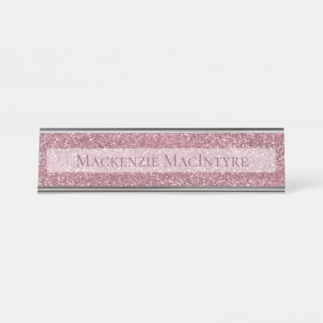 Chic Personalised Pink Glitter | Rose Gold Desk Name Plate (Front)