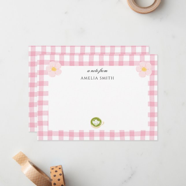 chic Personalised Pink theme Gingham Notecard (Front/Back In Situ)