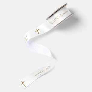 Chic Personalised Religious Golden Cross on White Satin Ribbon